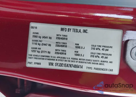 2019 Tesla Model 3 from USA, damaged, VIN 5YJ3E1EA7KF486414